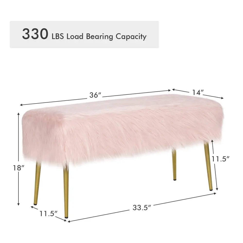 Upholstered Faux Fur Vanity Stool with Golden Legs for Makeup Room-Pink - Pink - Ottomans