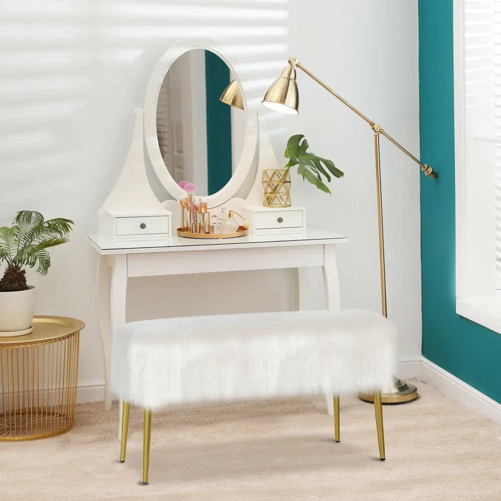 Upholstered Faux Fur Vanity Stool with Golden Legs for Makeup Room-White - White - Ottomans