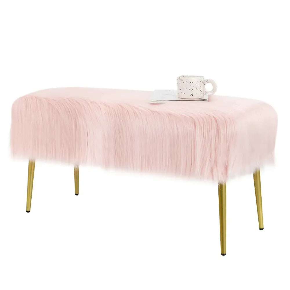 Upholstered Faux Fur Vanity Stool with Golden Legs for Makeup Room-Pink - Pink - Ottomans