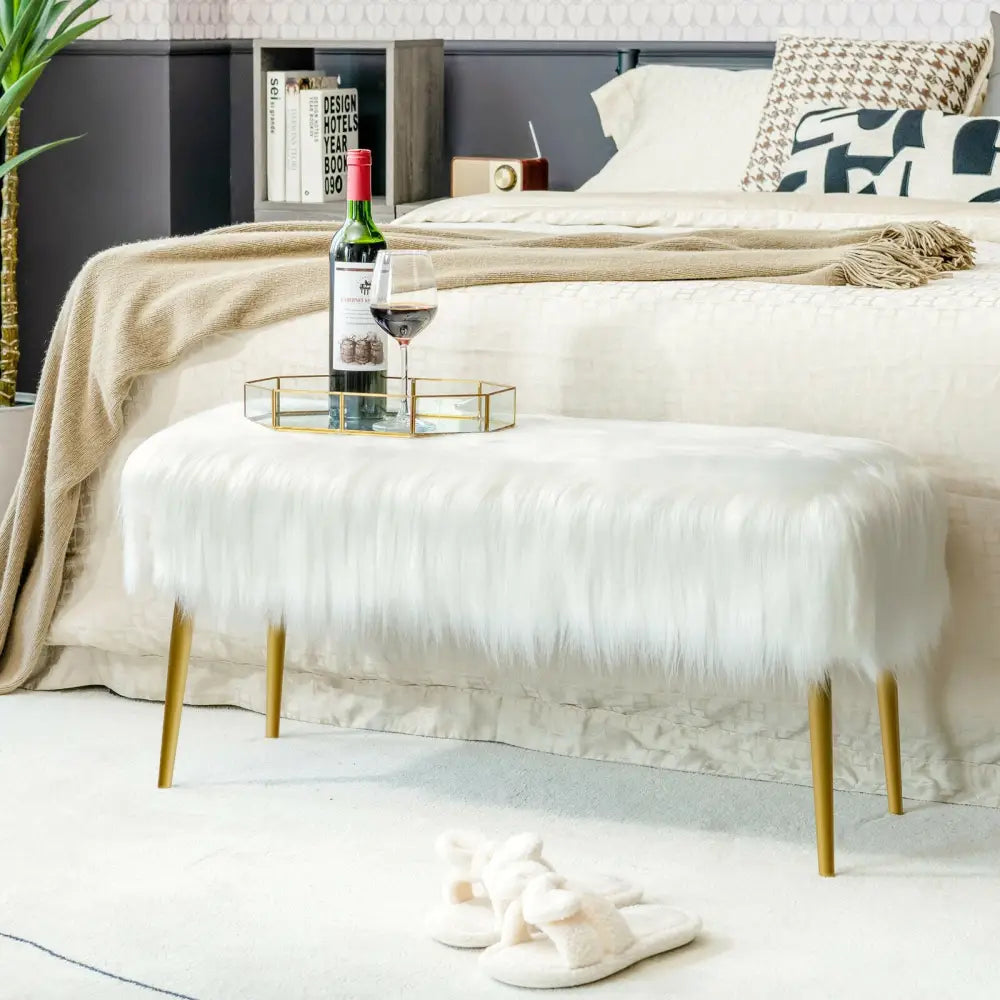 Upholstered Faux Fur Vanity Stool with Golden Legs for Makeup Room-White - White - Ottomans