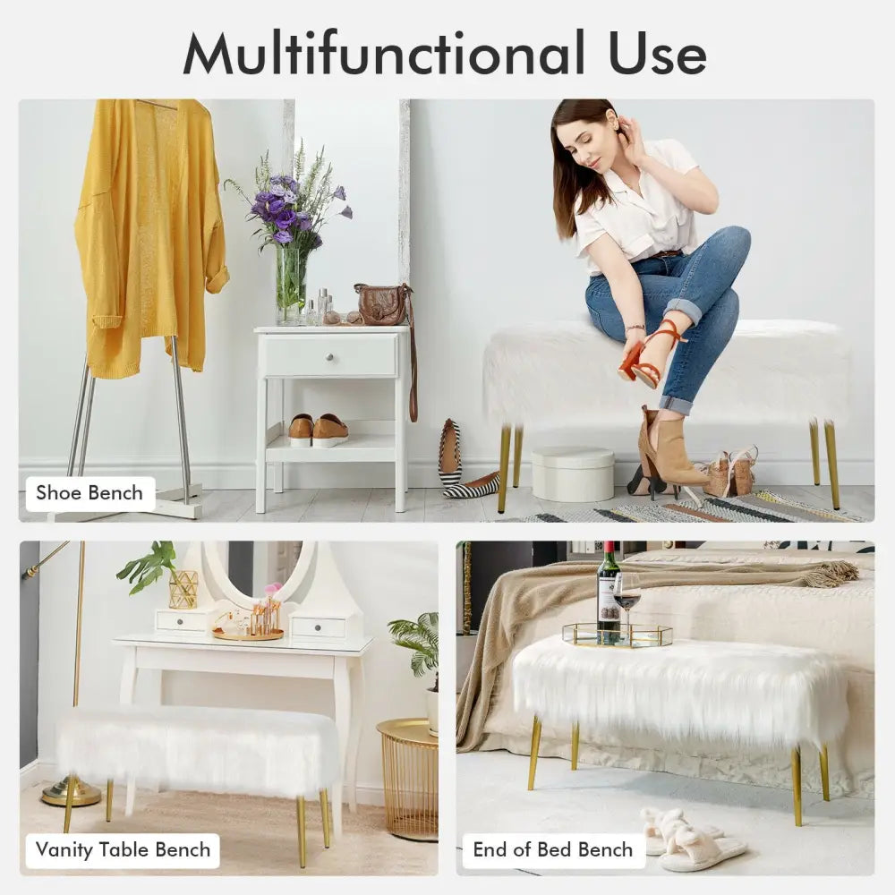 Upholstered Faux Fur Vanity Stool with Golden Legs for Makeup Room-White - White - Ottomans