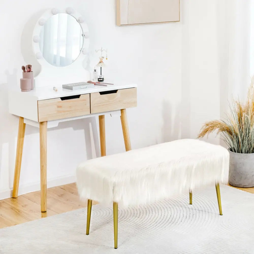 Upholstered Faux Fur Vanity Stool with Golden Legs for Makeup Room-White - White - Ottomans