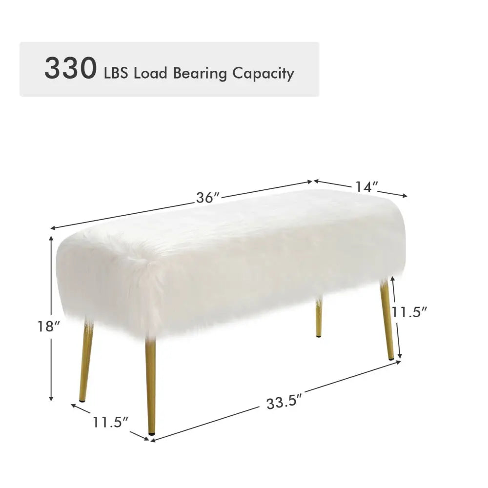 Upholstered Faux Fur Vanity Stool with Golden Legs for Makeup Room-White - White - Ottomans