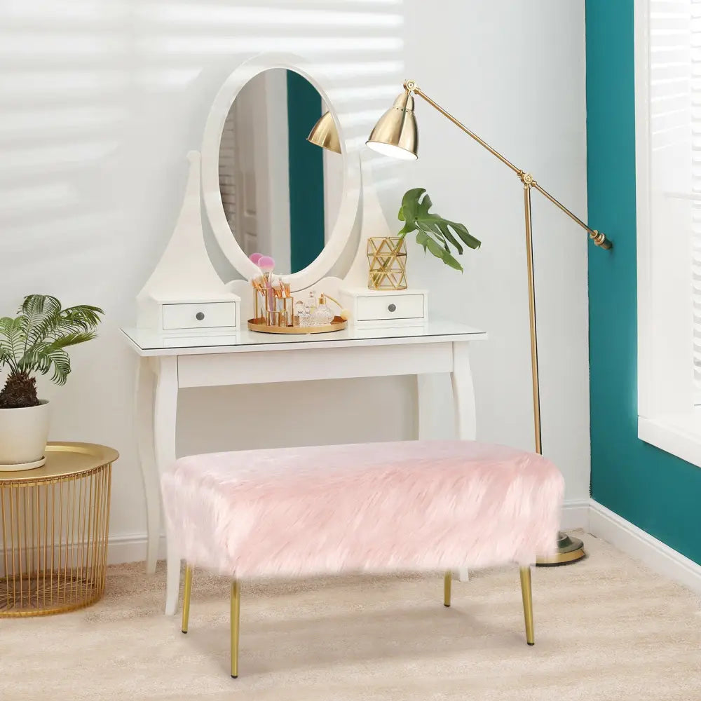 Upholstered Faux Fur Vanity Stool with Golden Legs for Makeup Room-Pink - Pink - Ottomans