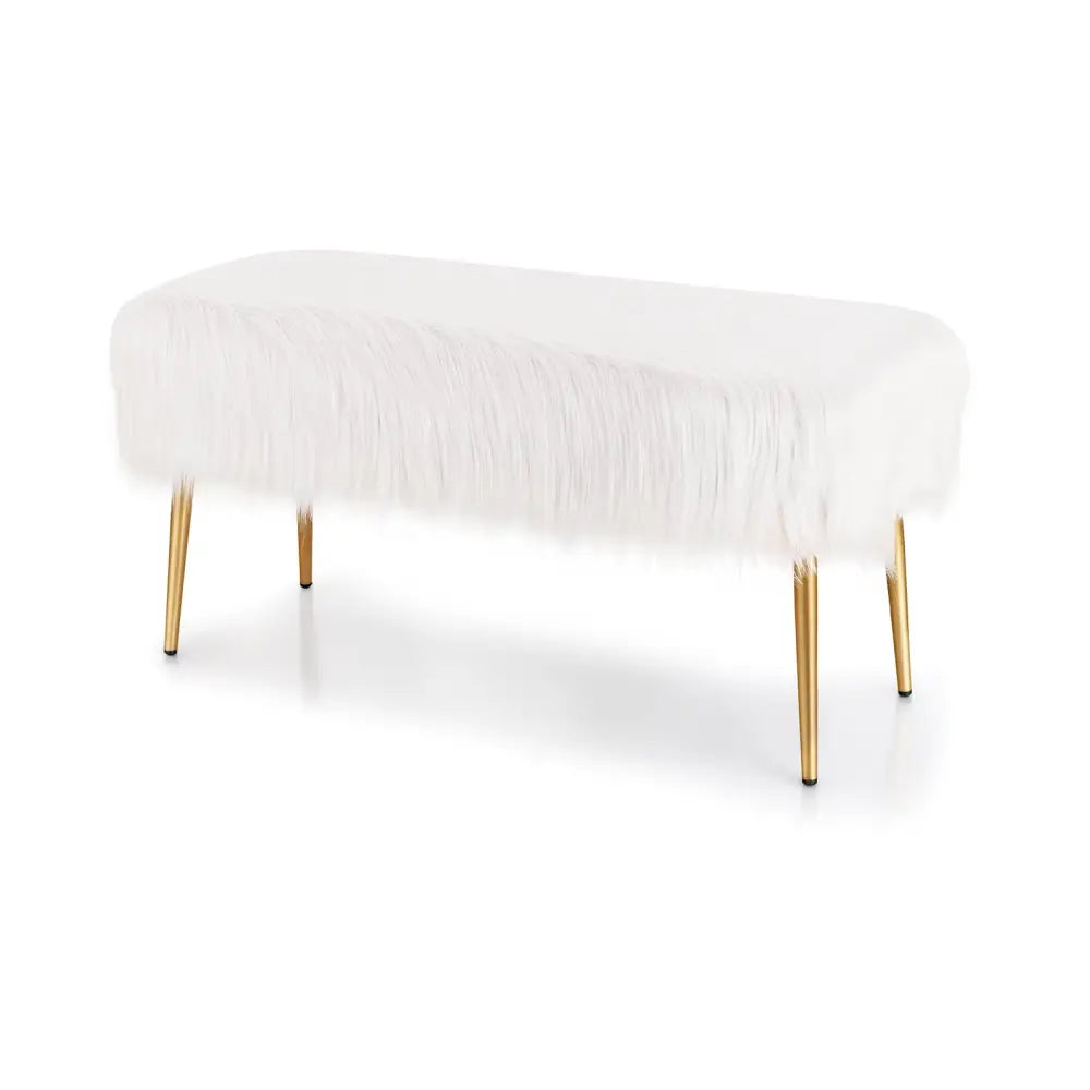 Upholstered Faux Fur Vanity Stool with Golden Legs for Makeup Room-White - White - Ottomans
