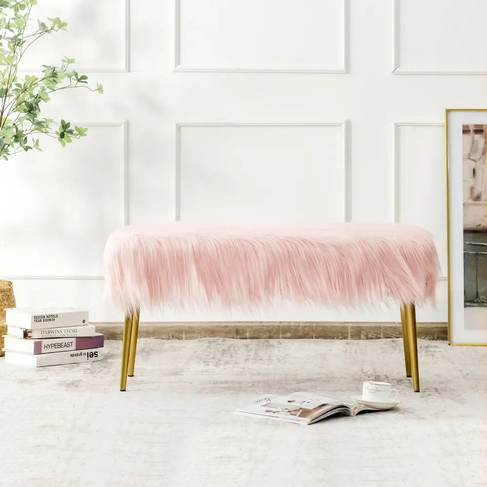 Upholstered Faux Fur Vanity Stool with Golden Legs for Makeup Room-Pink - Pink - Ottomans