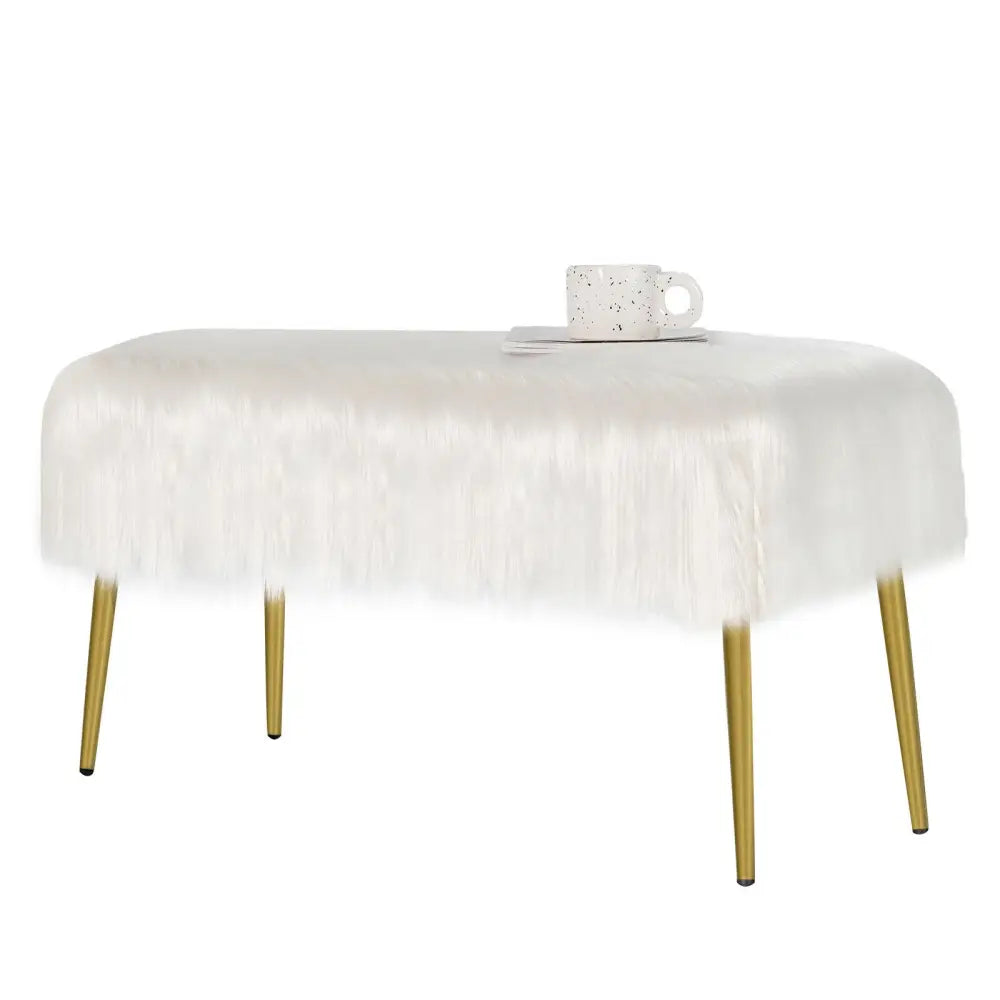 Upholstered Faux Fur Vanity Stool with Golden Legs for Makeup Room-White - White - Ottomans