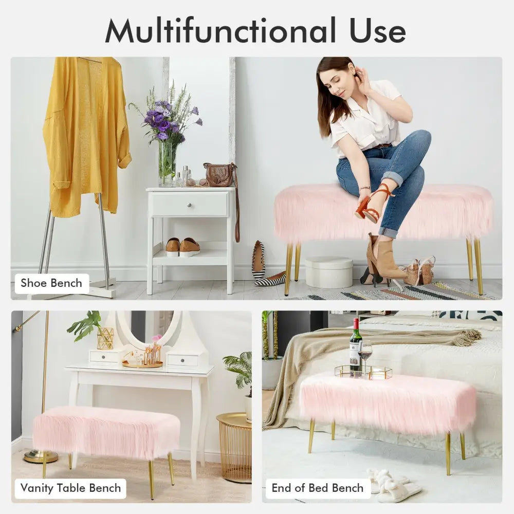 Upholstered Faux Fur Vanity Stool with Golden Legs for Makeup Room-Pink - Pink - Ottomans