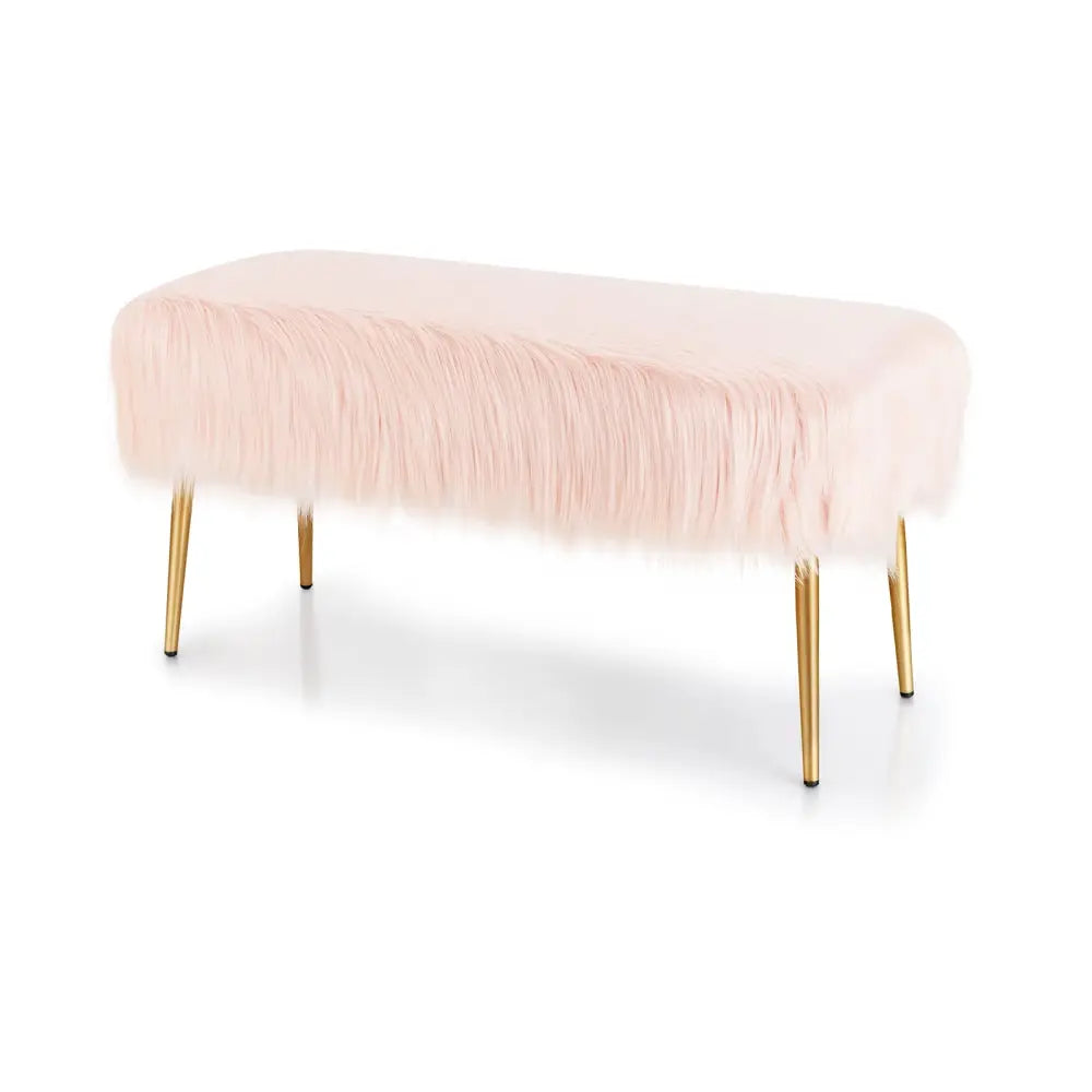 Upholstered Faux Fur Vanity Stool with Golden Legs for Makeup Room-Pink - Pink - Ottomans