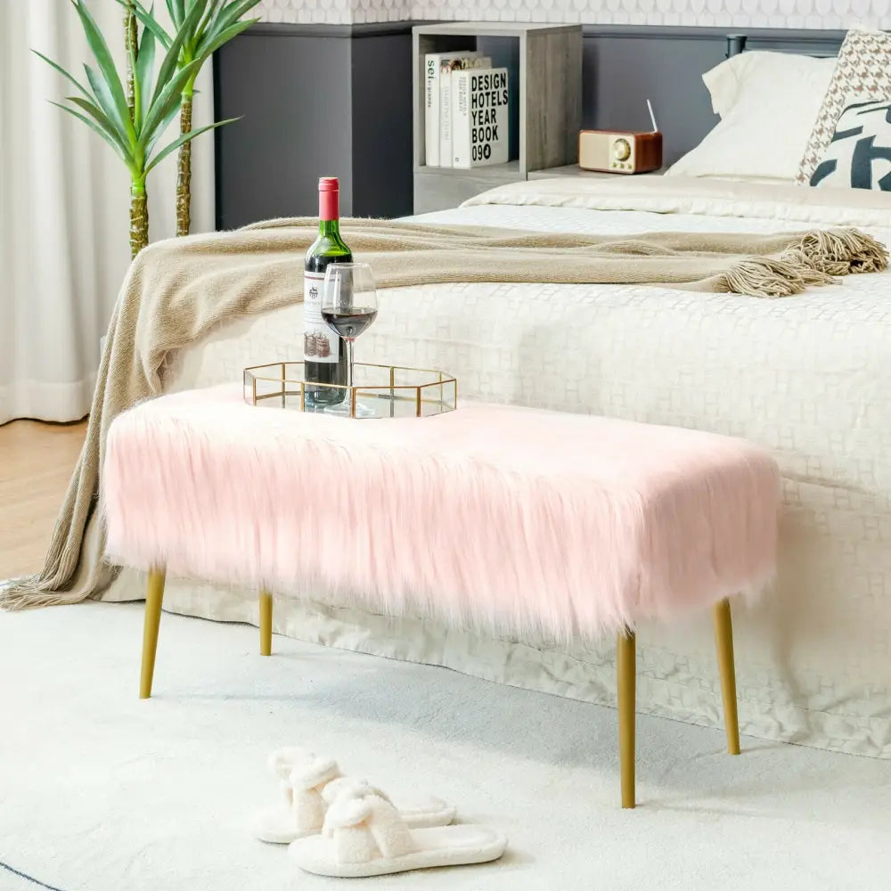 Upholstered Faux Fur Vanity Stool with Golden Legs for Makeup Room-Pink - Pink - Ottomans