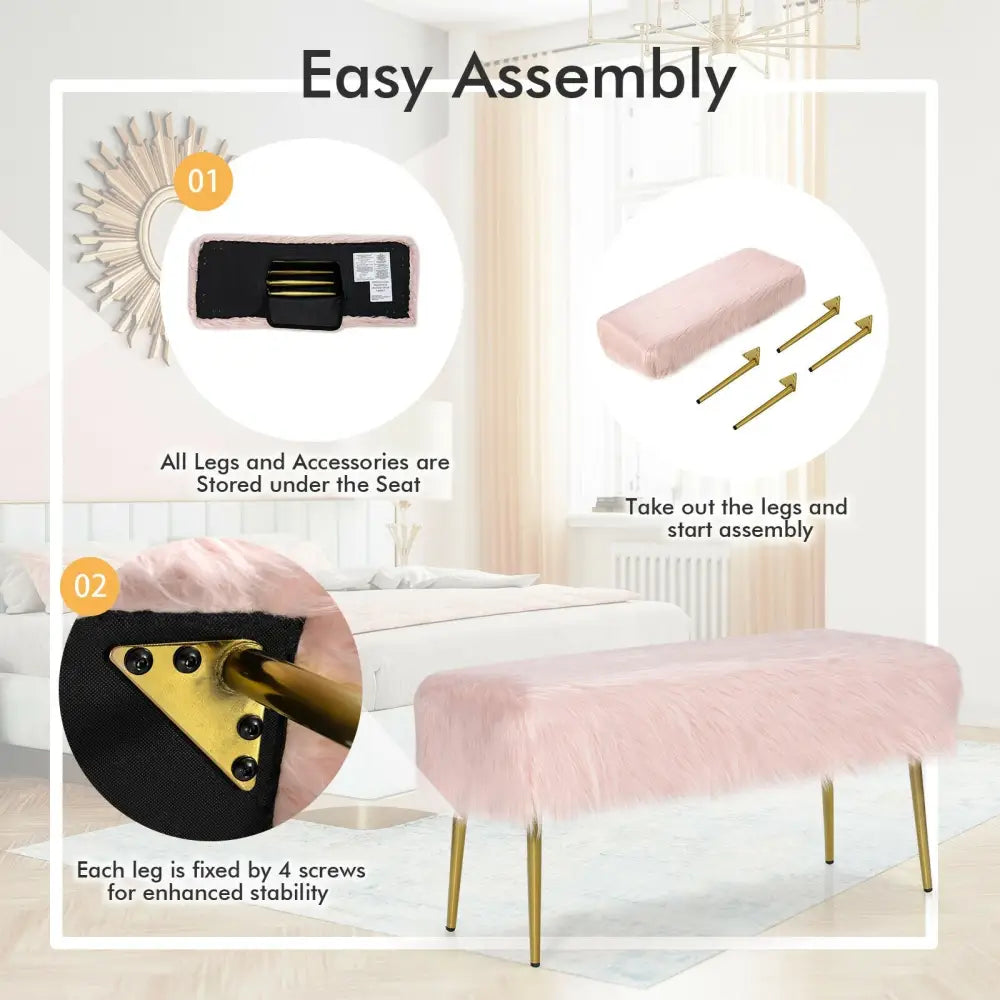 Upholstered Faux Fur Vanity Stool with Golden Legs for Makeup Room-Pink - Pink - Ottomans