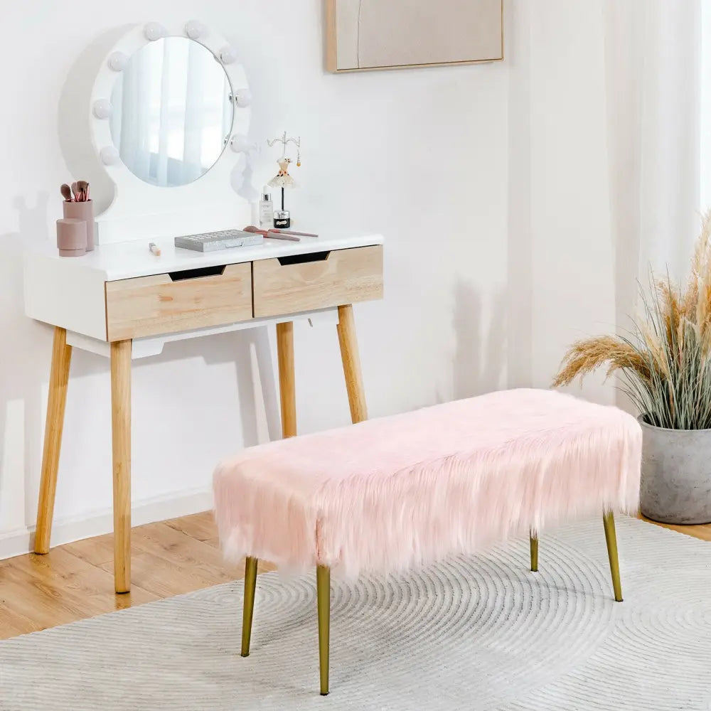 Upholstered Faux Fur Vanity Stool with Golden Legs for Makeup Room-Pink - Pink - Ottomans