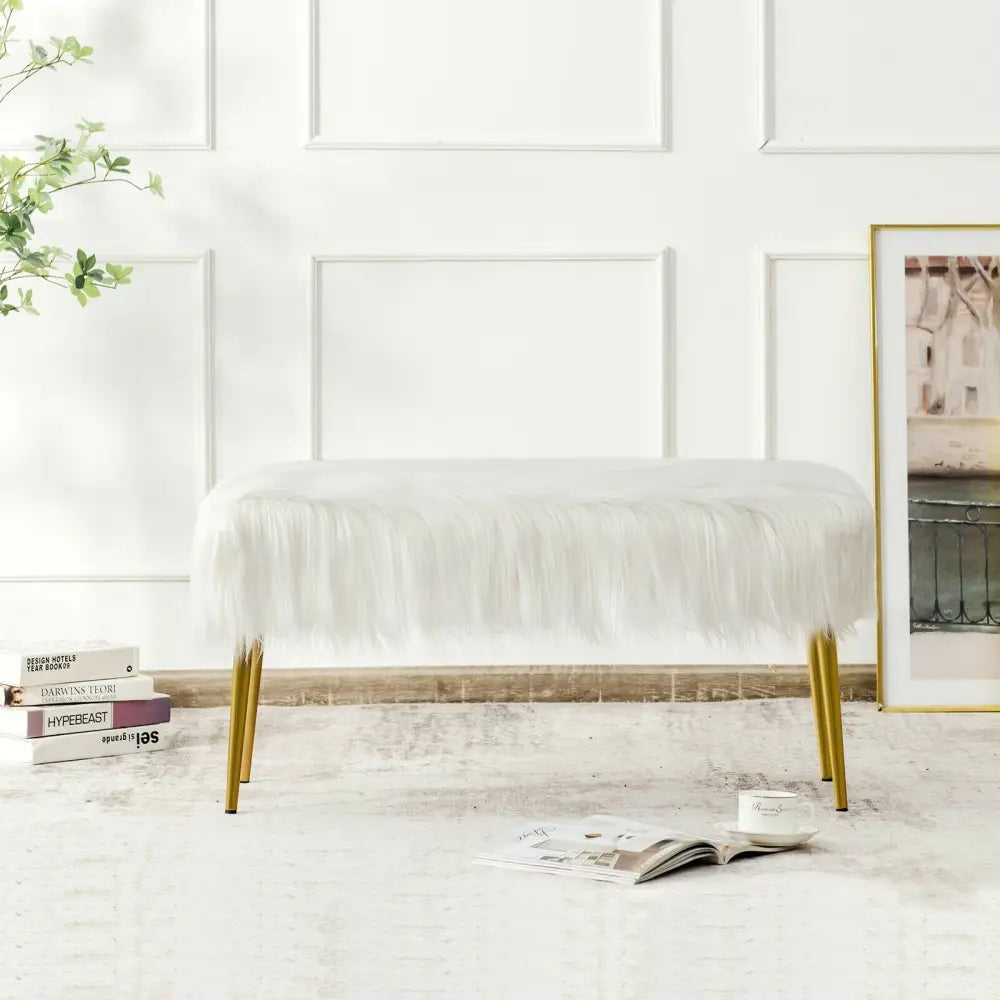 Upholstered Faux Fur Vanity Stool with Golden Legs for Makeup Room-White - White - Ottomans