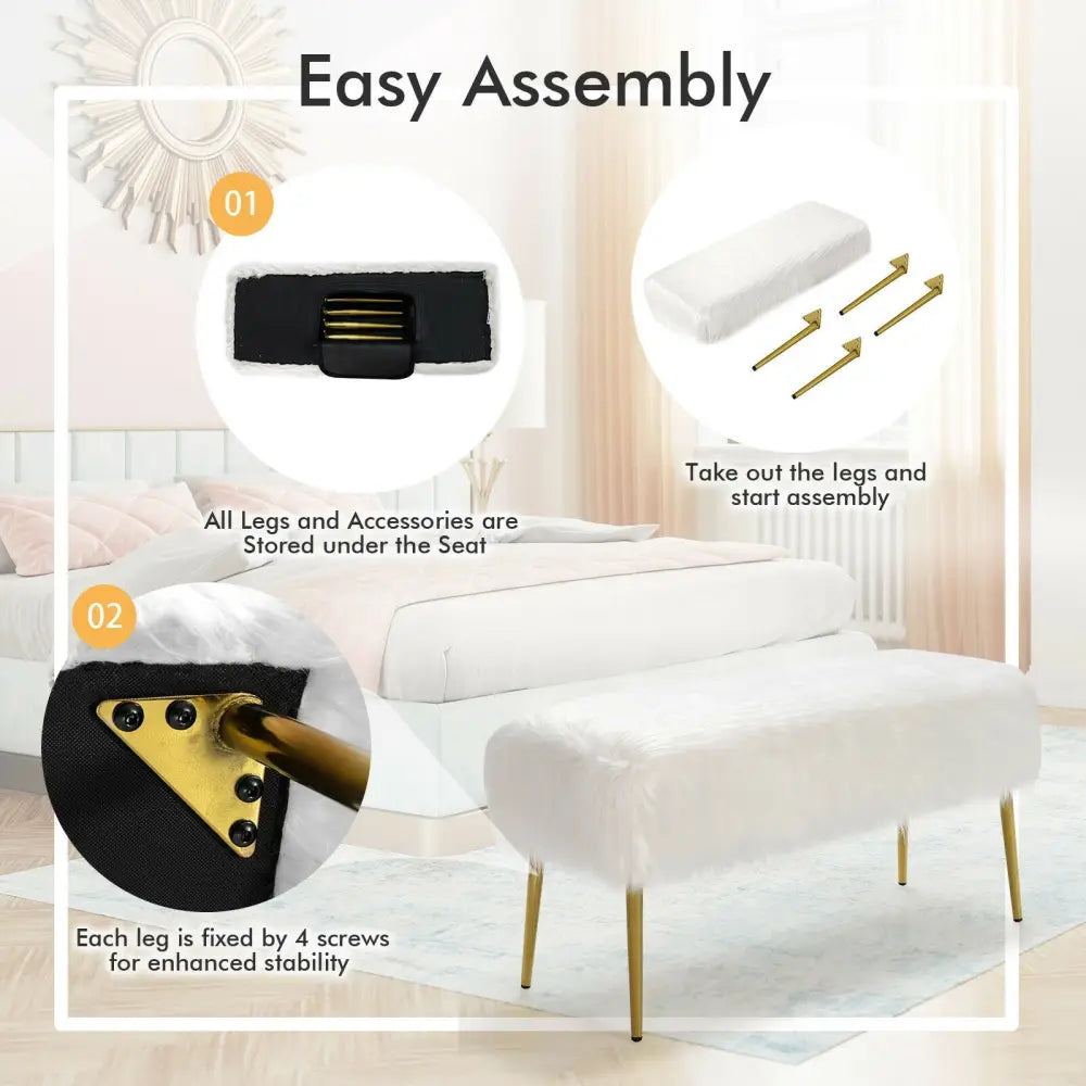 Upholstered Faux Fur Vanity Stool with Golden Legs for Makeup Room-White - White - Ottomans