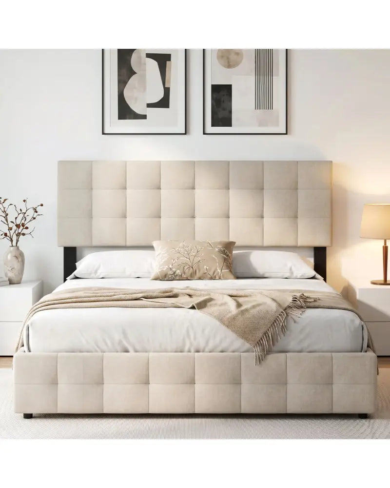 Upholstered Headboard Queen/Full Size Quilted Grid Linen Fabric Bed Frame Mount Panel-Beige - Beige - Headboards