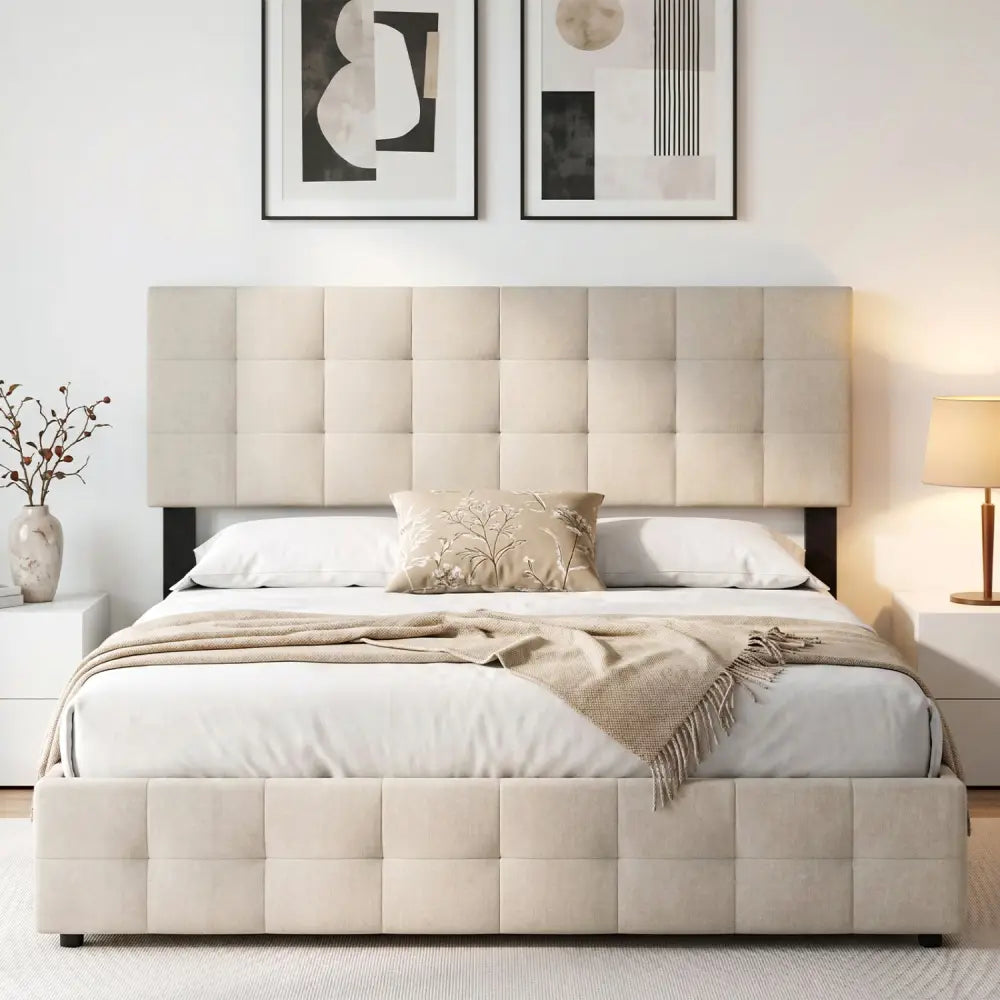 Upholstered Headboard Queen/Full Size Quilted Grid Linen Fabric Bed Frame Mount Panel-Beige - Beige - Headboards
