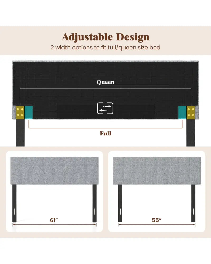 Upholstered Headboard Queen/Full Size Quilted Grid Linen Fabric Bed Frame Mount Panel-Gray - Gray - Headboards