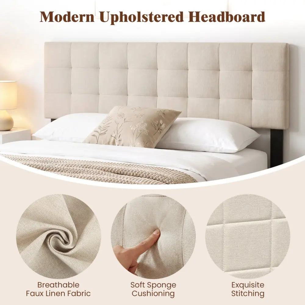 Upholstered Headboard Queen/Full Size Quilted Grid Linen Fabric Bed Frame Mount Panel-Beige - Beige - Headboards