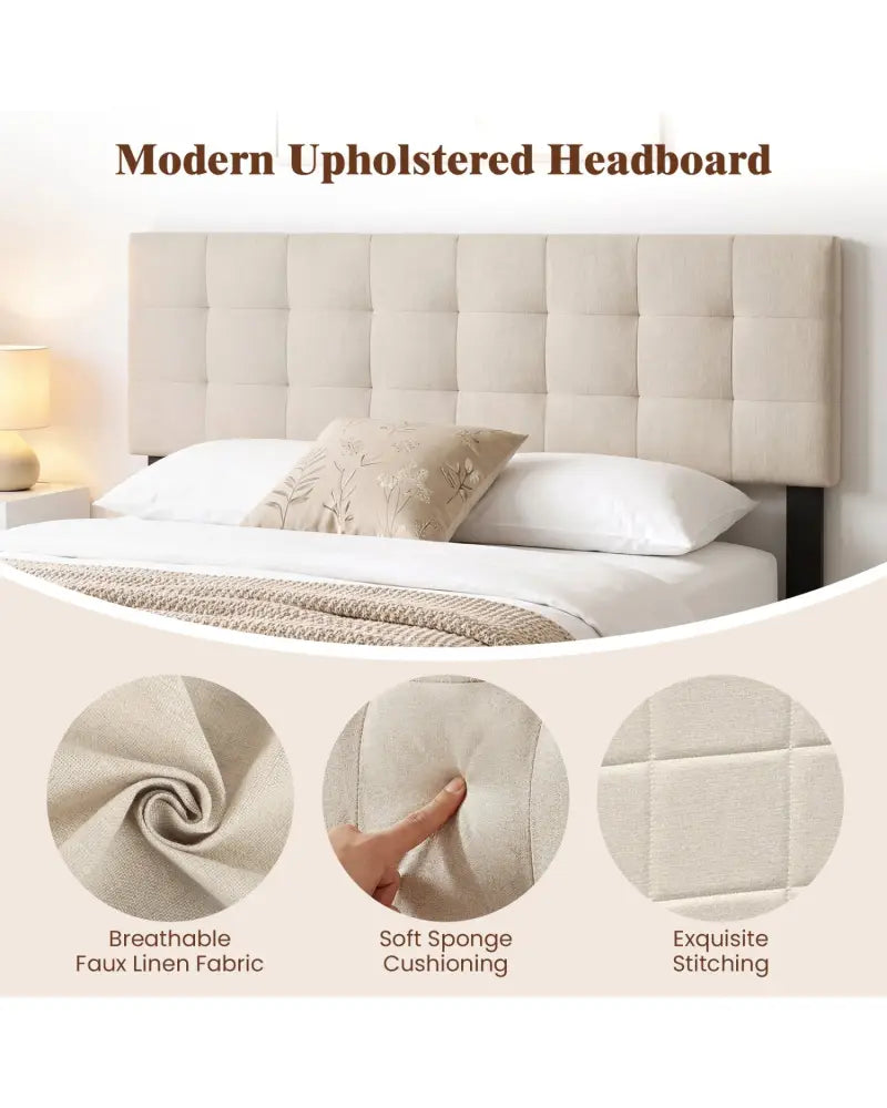 Upholstered Headboard Queen/Full Size Quilted Grid Linen Fabric Bed Frame Mount Panel-Beige - Beige - Headboards