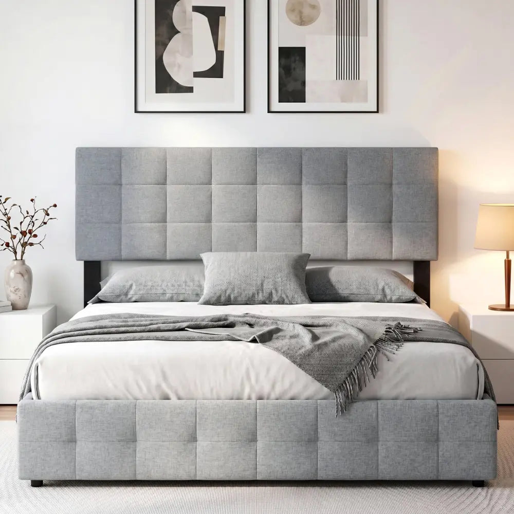 Upholstered Headboard Queen/Full Size Quilted Grid Linen Fabric Bed Frame Mount Panel-Gray - Gray - Headboards