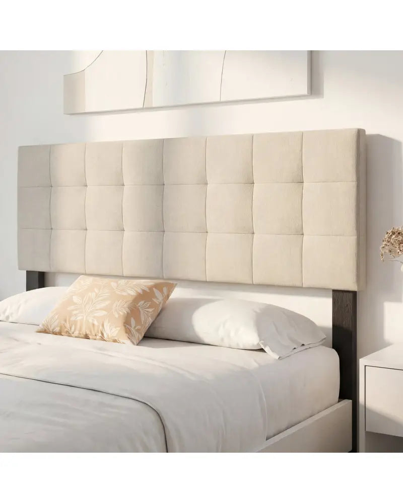 Upholstered Headboard Queen/Full Size Quilted Grid Linen Fabric Bed Frame Mount Panel-Beige - Beige - Headboards