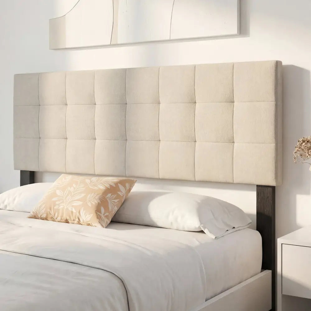 Upholstered Headboard Queen/Full Size Quilted Grid Linen Fabric Bed Frame Mount Panel-Beige - Beige - Headboards