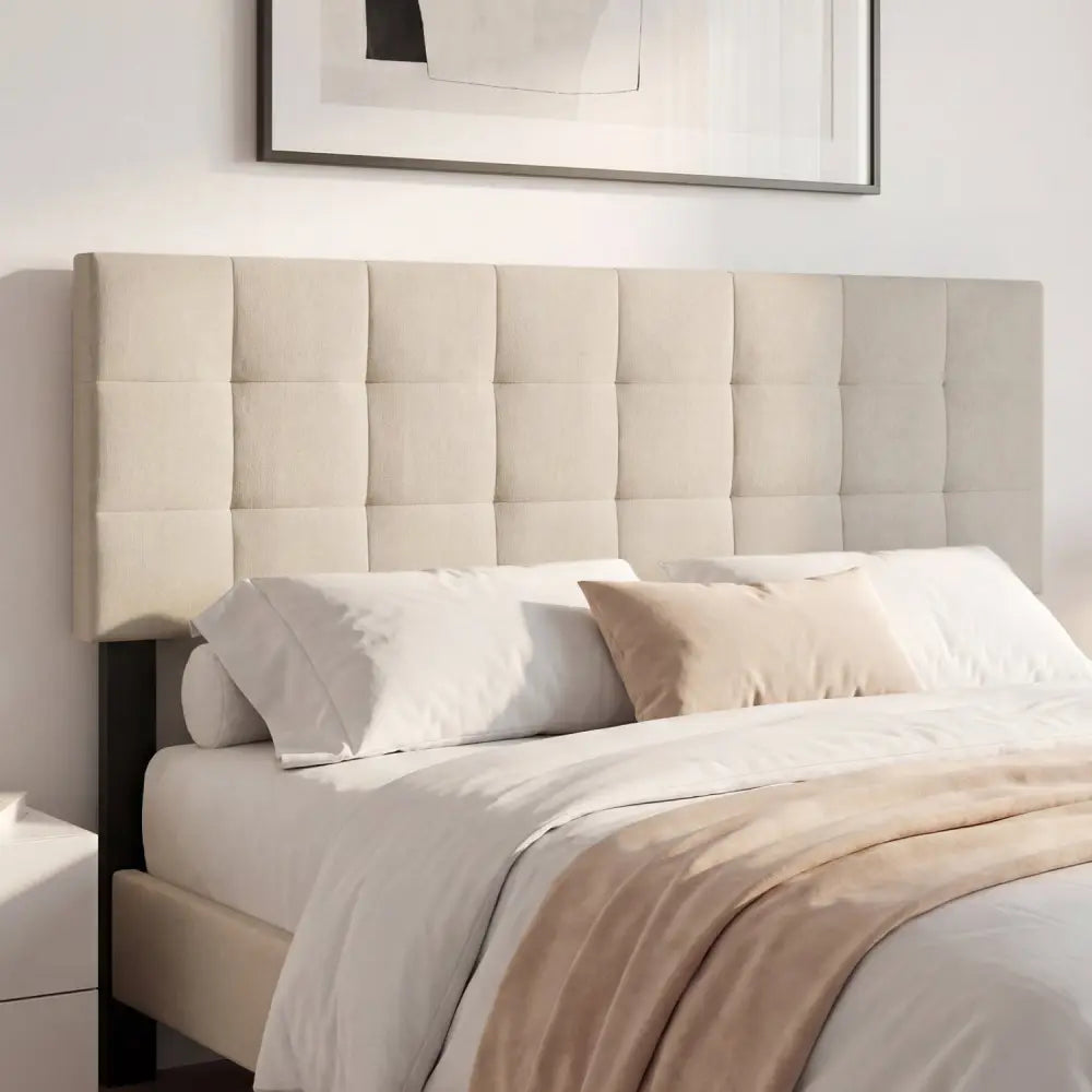 Upholstered Headboard Queen/Full Size Quilted Grid Linen Fabric Bed Frame Mount Panel-Beige - Beige - Headboards