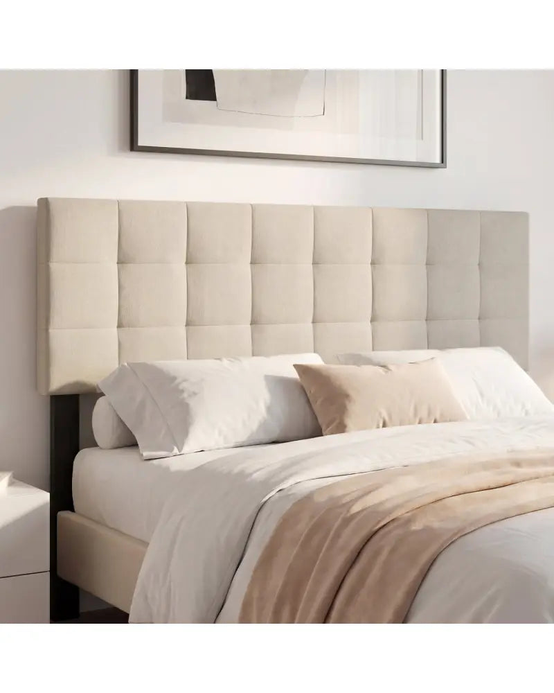 Upholstered Headboard Queen/Full Size Quilted Grid Linen Fabric Bed Frame Mount Panel-Beige - Beige - Headboards
