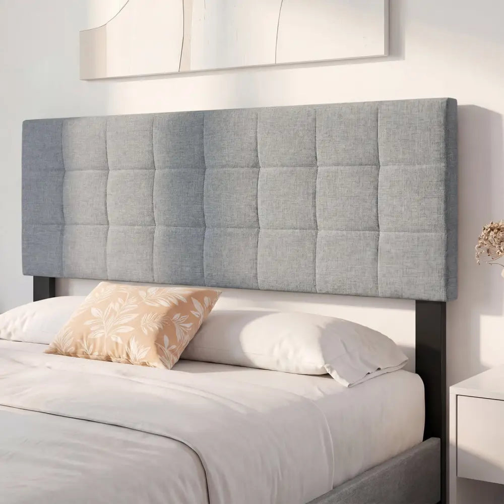 Upholstered Headboard Queen/Full Size Quilted Grid Linen Fabric Bed Frame Mount Panel-Gray - Gray - Headboards