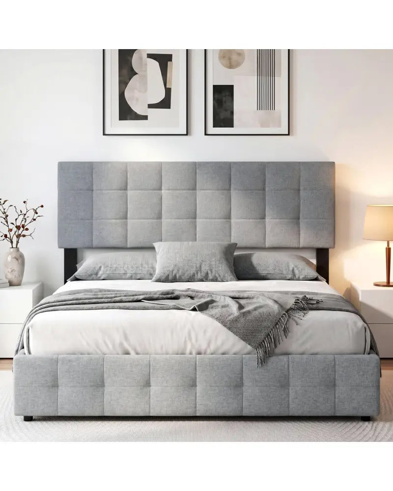 Upholstered Headboard Queen/Full Size Quilted Grid Linen Fabric Bed Frame Mount Panel-Gray - Gray - Headboards