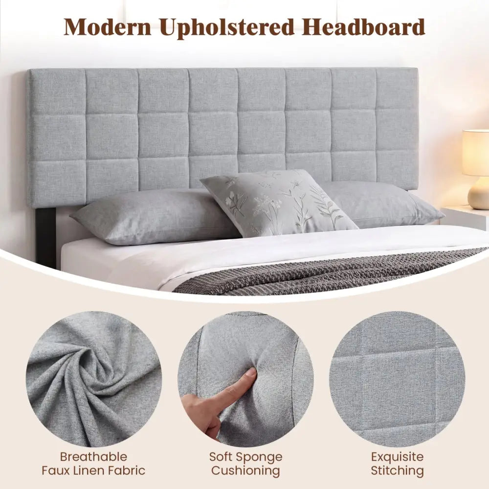 Upholstered Headboard Queen/Full Size Quilted Grid Linen Fabric Bed Frame Mount Panel-Gray - Gray - Headboards
