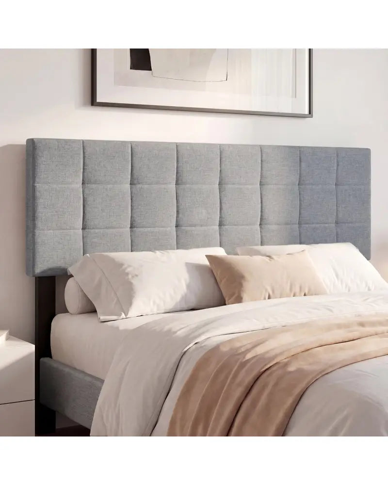 Upholstered Headboard Queen/Full Size Quilted Grid Linen Fabric Bed Frame Mount Panel-Gray - Gray - Headboards