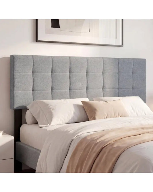 Upholstered Headboard Queen/Full Size Quilted Grid Linen Fabric Bed Frame Mount Panel-Gray - Gray - Headboards