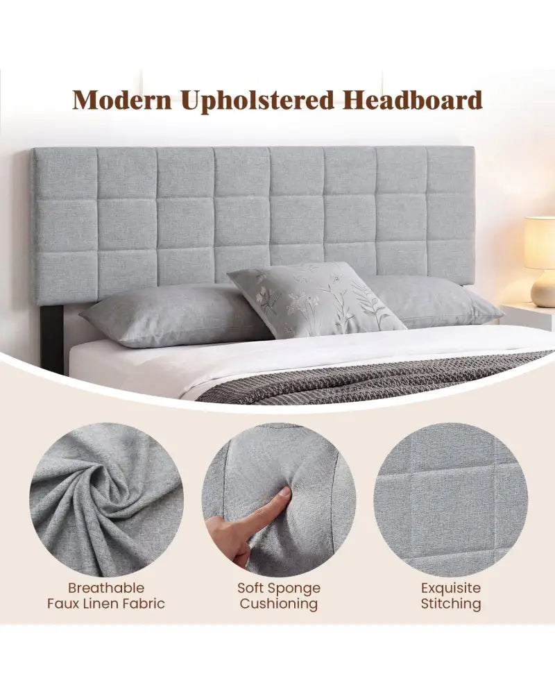 Upholstered Headboard Queen/Full Size Quilted Grid Linen Fabric Bed Frame Mount Panel-Gray - Gray - Headboards