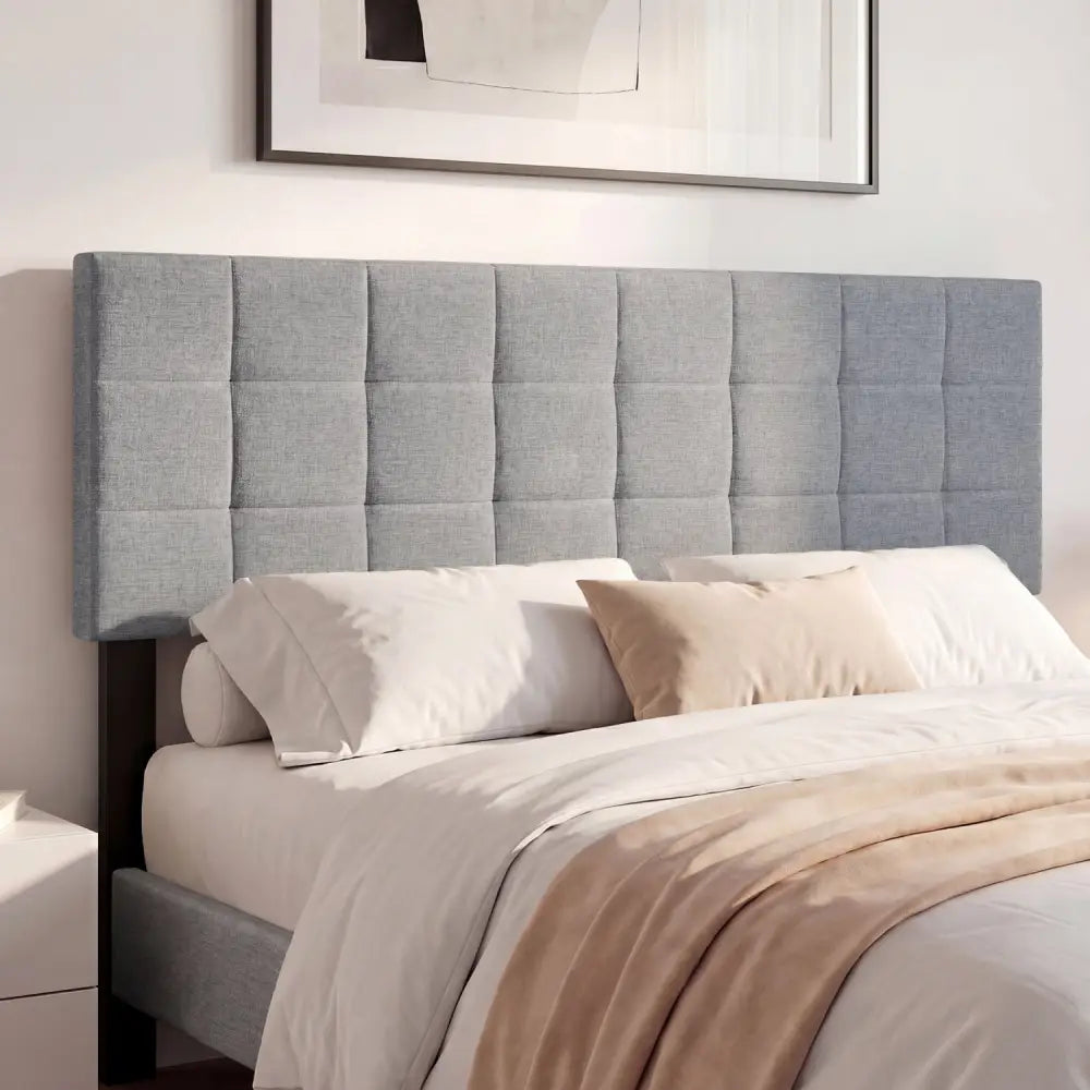 Upholstered Headboard Queen/Full Size Quilted Grid Linen Fabric Bed Frame Mount Panel-Gray - Gray - Headboards