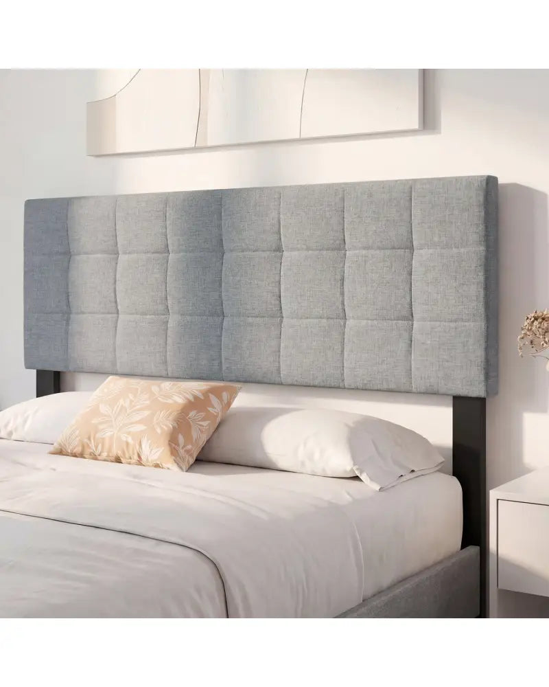 Upholstered Headboard Queen/Full Size Quilted Grid Linen Fabric Bed Frame Mount Panel-Gray - Gray - Headboards
