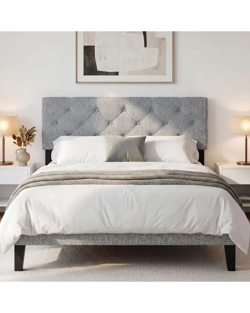 Upholstered Headboard Queen/Full Size Tufted Linen Fabric Bed Frame Mount Panel-Gray - Gray - Headboards