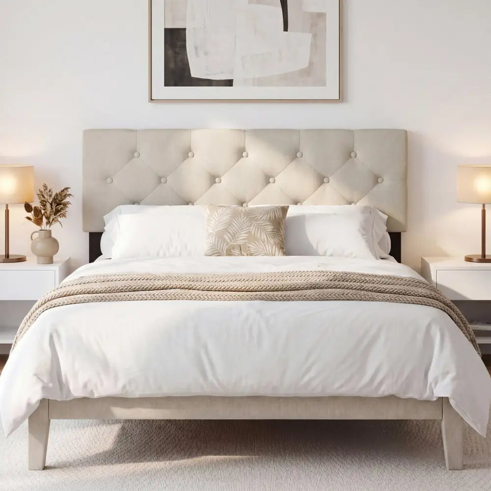 Upholstered Headboard Queen/Full Size Tufted Linen Fabric Bed Frame Mount Panel-Beige - Beige - Headboards