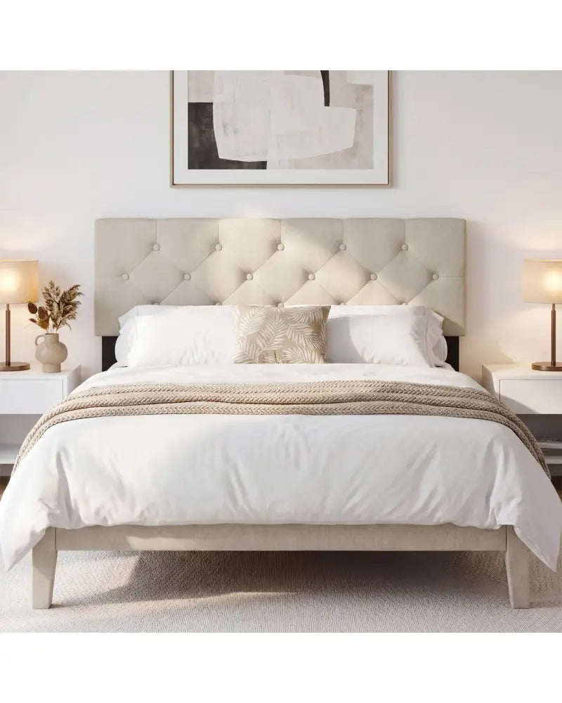 Upholstered Headboard Queen/Full Size Tufted Linen Fabric Bed Frame Mount Panel-Beige - Beige - Headboards