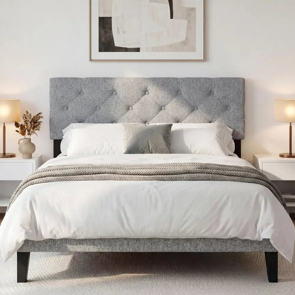 Upholstered Headboard Queen/Full Size Tufted Linen Fabric Bed Frame Mount Panel-Gray - Gray - Headboards