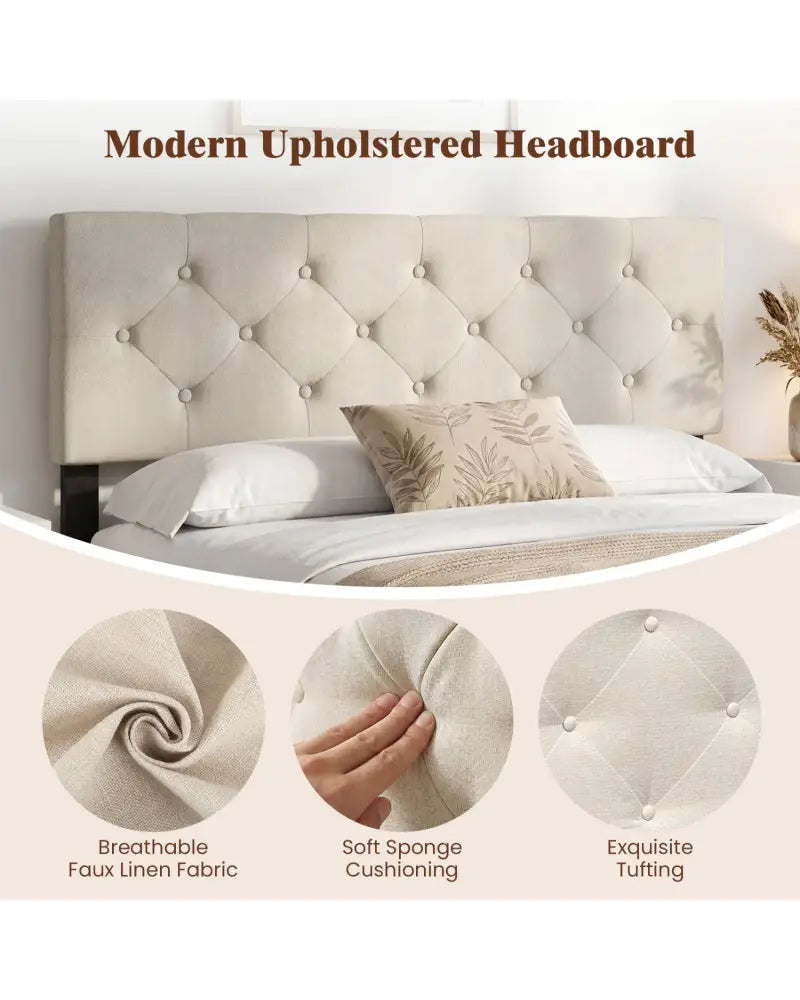Upholstered Headboard Queen/Full Size Tufted Linen Fabric Bed Frame Mount Panel-Beige - Beige - Headboards