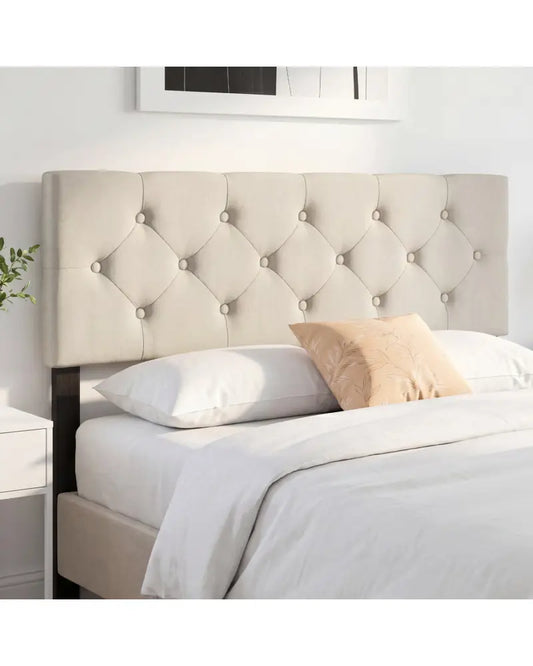 Upholstered Headboard Queen/Full Size Tufted Linen Fabric Bed Frame Mount Panel-Beige - Beige - Headboards