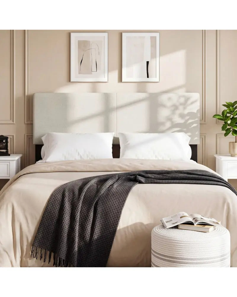 Upholstered Headboard Queen/Full Size Vertical Quilted Linen Fabric Bed Frame Mount Panel-Beige - Beige - Headboards