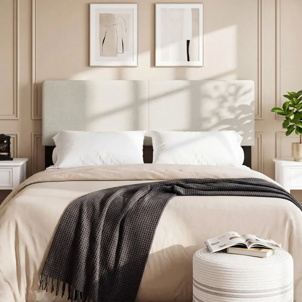Upholstered Headboard Queen/Full Size Vertical Quilted Linen Fabric Bed Frame Mount Panel-Beige - Beige - Headboards