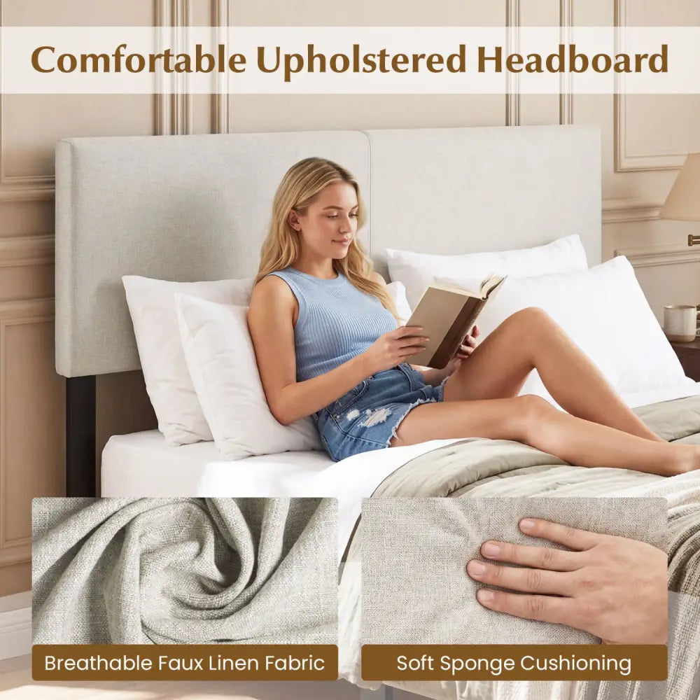 Upholstered Headboard Queen/Full Size Vertical Quilted Linen Fabric Bed Frame Mount Panel-Beige - Beige - Headboards