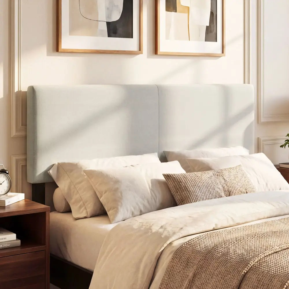 Upholstered Headboard Queen/Full Size Vertical Quilted Linen Fabric Bed Frame Mount Panel-Beige - Beige - Headboards