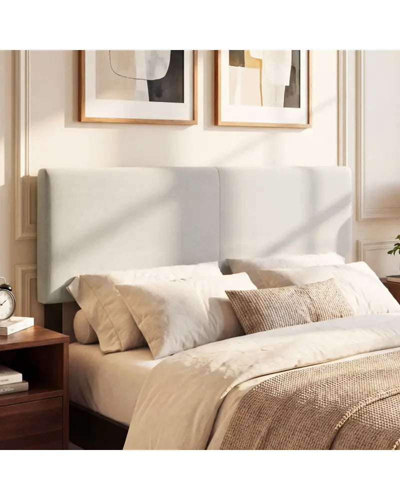 Upholstered Headboard Queen/Full Size Vertical Quilted Linen Fabric Bed Frame Mount Panel-Beige - Beige - Headboards