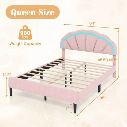 Upholstered LED Bed Frame with Adjustable Flower Headboard and Metal Support Feet Pink-Queen Size - Trundle Bed Frame
