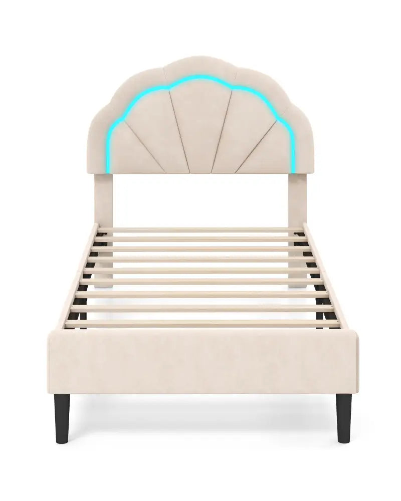 Upholstered LED Bed Frame with Adjustable Flower Headboard and Metal Support Feet-Twin Size - Trundle Bed Frame