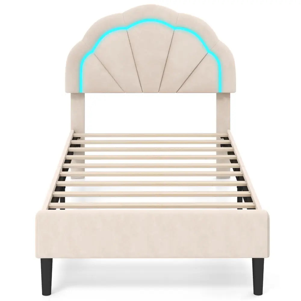 Upholstered LED Bed Frame with Adjustable Flower Headboard and Metal Support Feet-Twin Size - Trundle Bed Frame